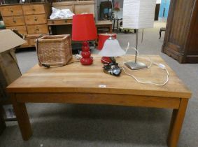 OAK RECTANGULAR COFFEE TABLE WITH SINGLE DRAWER, SELECTION OF TABLE LAMPS ETC.