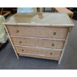 BAMBOO CHEST WITH BERGERE PANEL TOP & SIDES & 3 DRAWERS WITH BERGERE PANEL FRONTS.