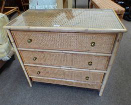 BAMBOO CHEST WITH BERGERE PANEL TOP & SIDES & 3 DRAWERS WITH BERGERE PANEL FRONTS.