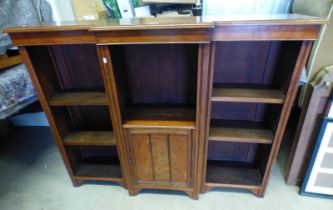 20TH CENTURY WALNUT BREAKFRONT BOOKCASE WITH CENTRALLY SET PANEL DOOR FLANKED EACH SIDE BY