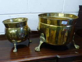 LARGE BRASS COAL BIN WITH LION MASK HANDLES ON PAW FEET & ONE OTHER SIMILAR SMALLER BIN ETC