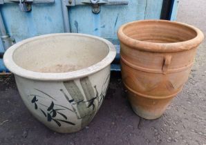 GLAZED PLANT POT WITH EASTERN DECORATION AND ONE OTHER PLANT POT.