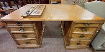 19TH CENTURY OAK TWIN PEDESTAL PARTNER'S DESK WITH 2 STACKS OF 4 GRADUATED DRAWERS & 2 PANEL DOORS