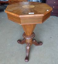 20TH CENTURY INLAID MAHOGANY SEWING TABLE WITH LIFT UP OCTAGONAL TOP ON CENTRE PEDESTAL WITH 3