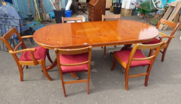 YEW WOOD TWIN PEDESTAL D-END DINING TABLE WITH EXTRA LEAF & SET OF 6 DINING CHAIRS,