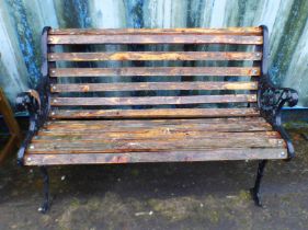 WOODEN GARDEN BENCH WITH PAINTED CAST METAL ENDS