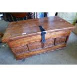 EASTERN HARDWOOD KIST WITH CARVED ELEPHANT PANEL TO FRONT,