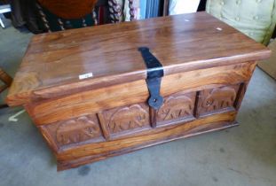 EASTERN HARDWOOD KIST WITH CARVED ELEPHANT PANEL TO FRONT,