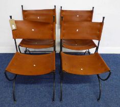 SET OF 4 CHARLESTON FORGE BRIDLE STYLE TAN LEATHER & CAST IRON CHAIRS ON CROSS SUPPORTS