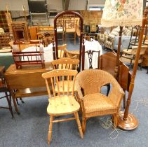 2 MAHOGANY STANDARD LAMPS, MAHOGANY TROLLEY, MAGAZINE RACK,