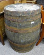 OAK BARREL WITH IRON BANDING STAMPED INDISTINCTLY TO SIDE 90 CM TALL