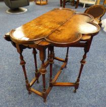 MAHOGANY SUTHERLAND TABLE WITH SHAPED TOP ON TURNED SUPPORTS,