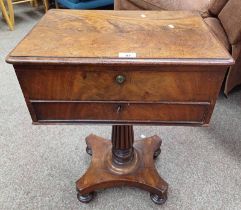 19TH CENTURY MAHOGANY SEWING TABLE WITH LIFT-UP TOP, DRAWER & REEDED COLUMN ON SPREADING SUPPORTS,
