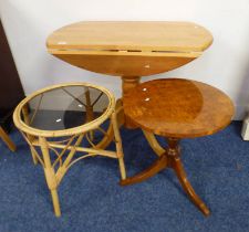 OAK PEDESTAL KITCHEN TABLE, BAMBOO TABLE WITH GLASS INSET, ETC.