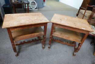 PAIR OF PINE RECTANGULAR TABLES WITH SHAPED ENDS.