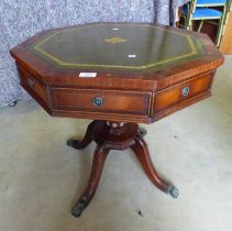 20TH CENTURY OCTAGONAL TOPPED PEDESTAL TABLE WITH LEATHER INSET TOP & 2 DRAWERS TO SIDE ON 4