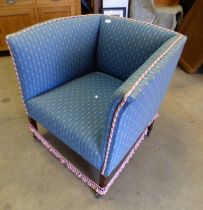 20TH CENTURY OVERSTUFFED ARMCHAIR WITH BLUE STRIPED PATTERN ON SQUARE TAPERED SUPPORTS