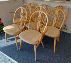 SET OF 6 ERCOL BEECH WOOD PRINCE OF WALES FEATHER BACK DINING CHAIR INCLUDING 2 ARMCHAIRS