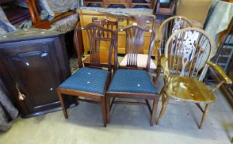 PAIR OF WHEEL BACK ARMCHAIRS & 4 OTHER CHAIRS, OAK CORNER CABINET,