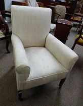 20TH CENTURY OVERSTUFFED ARMCHAIR ON MAHOGANY SQUARE TAPERED SUPPORTS