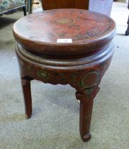 RED LACQUER & GILT CHINESE CIRCULAR OCCASIONAL TABLE WITH ORIENTAL BUTTERFLY DECORATION.