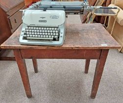 PINE RECTANGULAR TABLE ON SQUARE SUPPORTS & ADLER TYPEWRITER