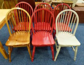 SET OF 6 DUCAL PINE PAINTED SPINDLE BACK CHAIRS ON TURNED SUPPORTS