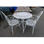 PAINTED CAST METAL CIRCULAR TABLE & PAIR OF ARMCHAIRS.