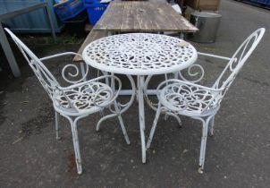 PAINTED CAST METAL CIRCULAR TABLE & PAIR OF ARMCHAIRS.