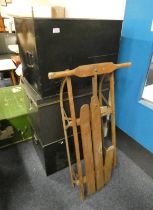 3 METAL BOXES & WOODEN SLEDGE