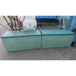 2 PLASTIC GARDEN STORAGE BOXES & CONTENTS OF VARIOUS HANGING PLANTERS, BATS & BALLS ETC.