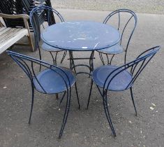 PAINTED FOLDING METAL CIRCULAR BISTRO TABLE & SET OF 4 METAL CHAIRS.