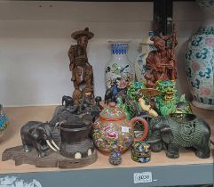 2 EASTERN WOODEN CARVINGS, BRONZE ELEPHANT, WOOD DESK SET, POTTERY TEAPOT, VASES ETC ON 1.