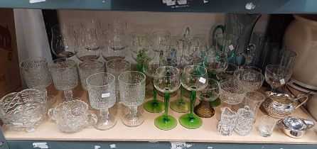 VARIOUS ARTS & CRAFTS STYLE GREEN STEMMED GLASSES,