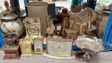 EXCELLENT LACQUER MANTLE CLOCK, MARBLE CLOCK, 2 OTHER BRASS CLOCKS,