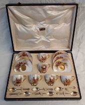 ROYAL WORCESTER PORCELAIN COFFEE SET WITH PHEASANT DECORATION SIGNED BY JAS STINTON WITH 6 SILVER