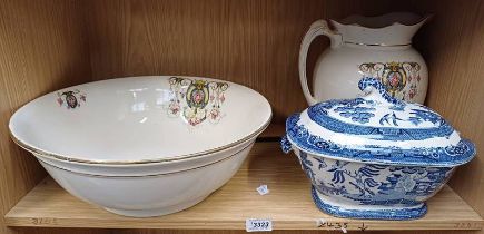 EWER & BASIN SET, BLUE AND WHITE LIDDED TUREEN, PAIR PARALLEL RULES ,
