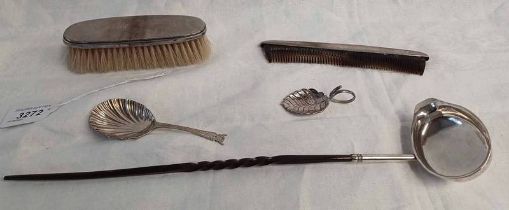 2 SILVER CADDY SPOONS, SILVER BRUSH & COMB,