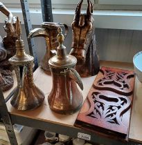 3 EASTERN COPPER COFFEE POTS, WOODEN HORSE HEAD CARVING,