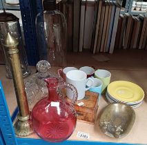 EARLY 20TH CENTURY CRANBERRY GLASS, CLARET JUG, BRASS PILLAR,