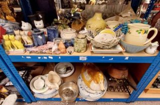 VARIOUS ART POTTERY CATS, BOWLS, LIDDED DUCK TUREEN, LARGE BLUE & WHITE ASHETS,