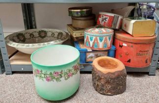 LARGE WEDGWOOD BOWL, VARIOUS TINS,