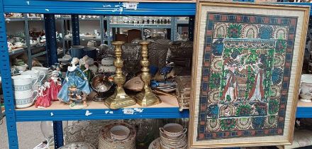EGYPTIAN FRAMED WATERCOLOUR, PAIR OF 19TH CENTURY BRASS CANDLESTICKS, 5 DOULTON FIGURES,