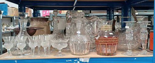 5 CUT GLASS DECORATIONS, 11 THISTLE DECORATED GLASSES, VARIOUS CRYSTAL BOWLS, JUGS,