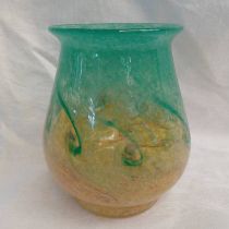 YELLOW AND TEAL MONART GLASS VASE, 15.