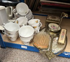 6 PIECE DRESSING TABLE SET & ROYAL WINDSOR CUPS & SAUCERS