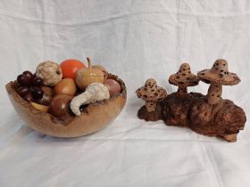 JACK KIRK PATRICK BURR ELM CARVED BOWL & FRUIT & BURR ELM TOADSTOOLS ON PART SHELF