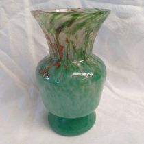 MONART GREEN GLASS VASE WITH GOLD FLECK DECORATION & PAPER LABEL TO BASE 22 CM Condition