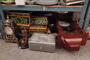 MAHOGANY WALL CLOCK, CARVED PIPE STAND, VARIOUS DECORATED WOODEN BOXES,