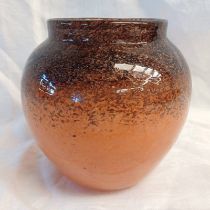 ORANGE AND BLACK MONART GLASS VASE.